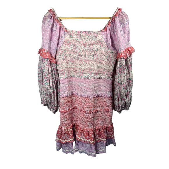 LOVE SHACK FANCY Women's Ensley Floral Print Smocked Mini Dress Pink Size Medium - Picture 7 of 11
